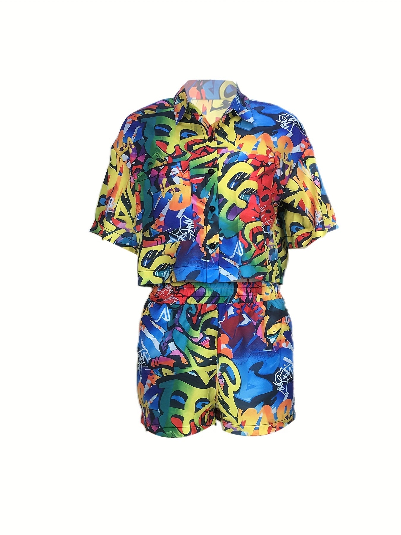 Women's Casual Letter Graffiti 2pc Set Crop Shirt & Shorts