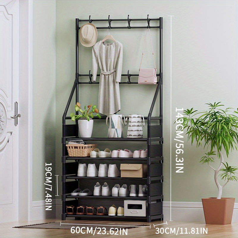 Minimalist Clothes Rack & Shoe Stool w/Metal Frame & 8 Hooks