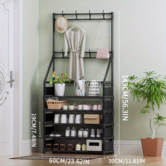 Minimalist Clothes Rack & Shoe Stool w/Metal Frame & 8 Hooks