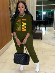 Letter Print Long Sleeve Top & Drawstring Solid Joggers Set