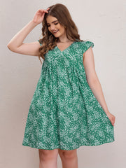 Casual Dress Women's Plus Ditsy Print Ruffle Sleeve V Neck Dress