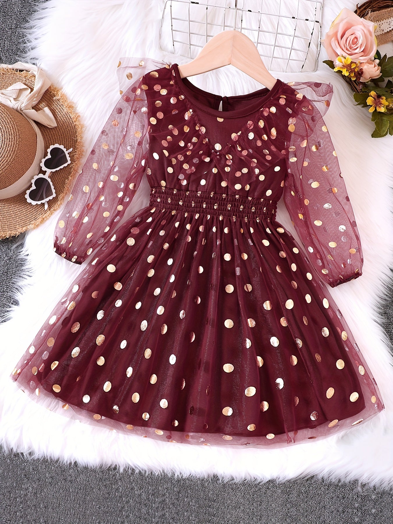 Girl's Golden Dot Long Sleeve Tunic Dress For Party