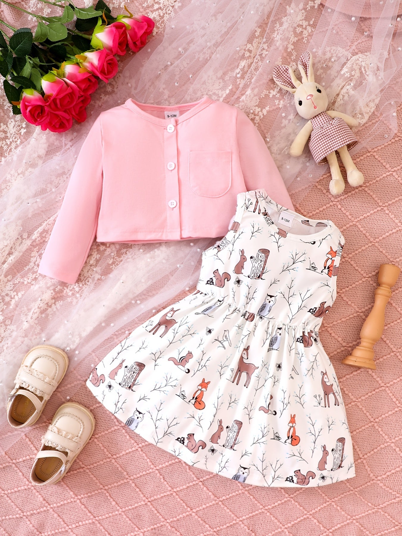 Cartoon Graphic Dress & Cardigan Set for Baby Girl