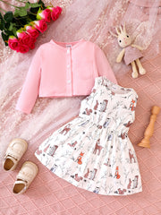 Cartoon Graphic Dress & Cardigan Set for Baby Girl