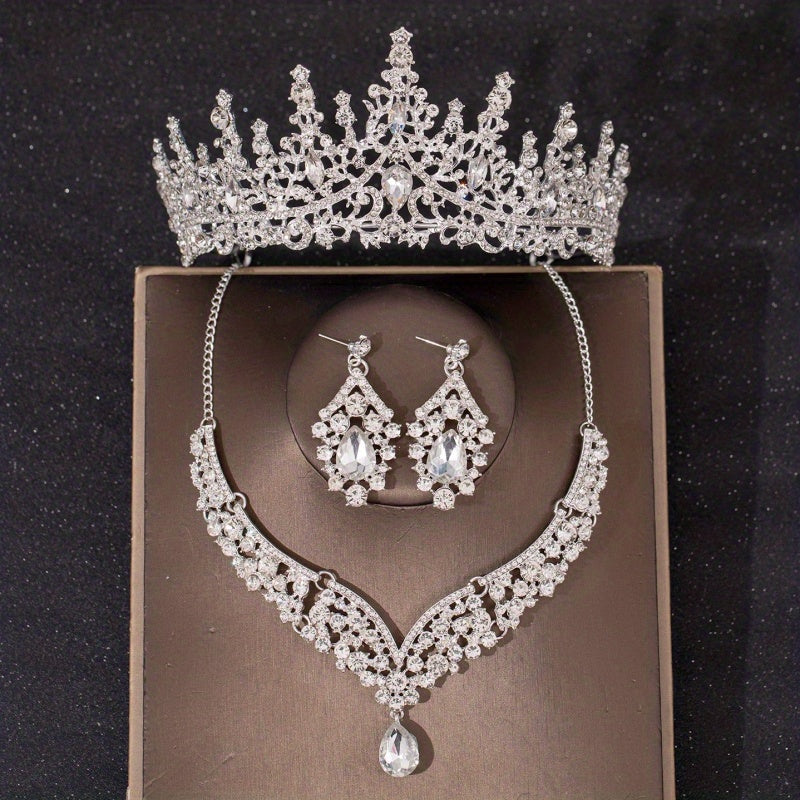 Silvery Crystal Bridal Jewelry Set Rhinestone Tiara Crown Necklace Earrings
