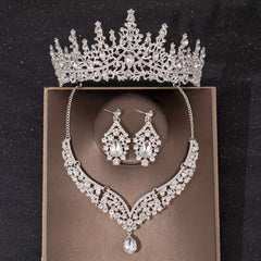 Silvery Crystal Bridal Jewelry Set Rhinestone Tiara Crown Necklace Earrings