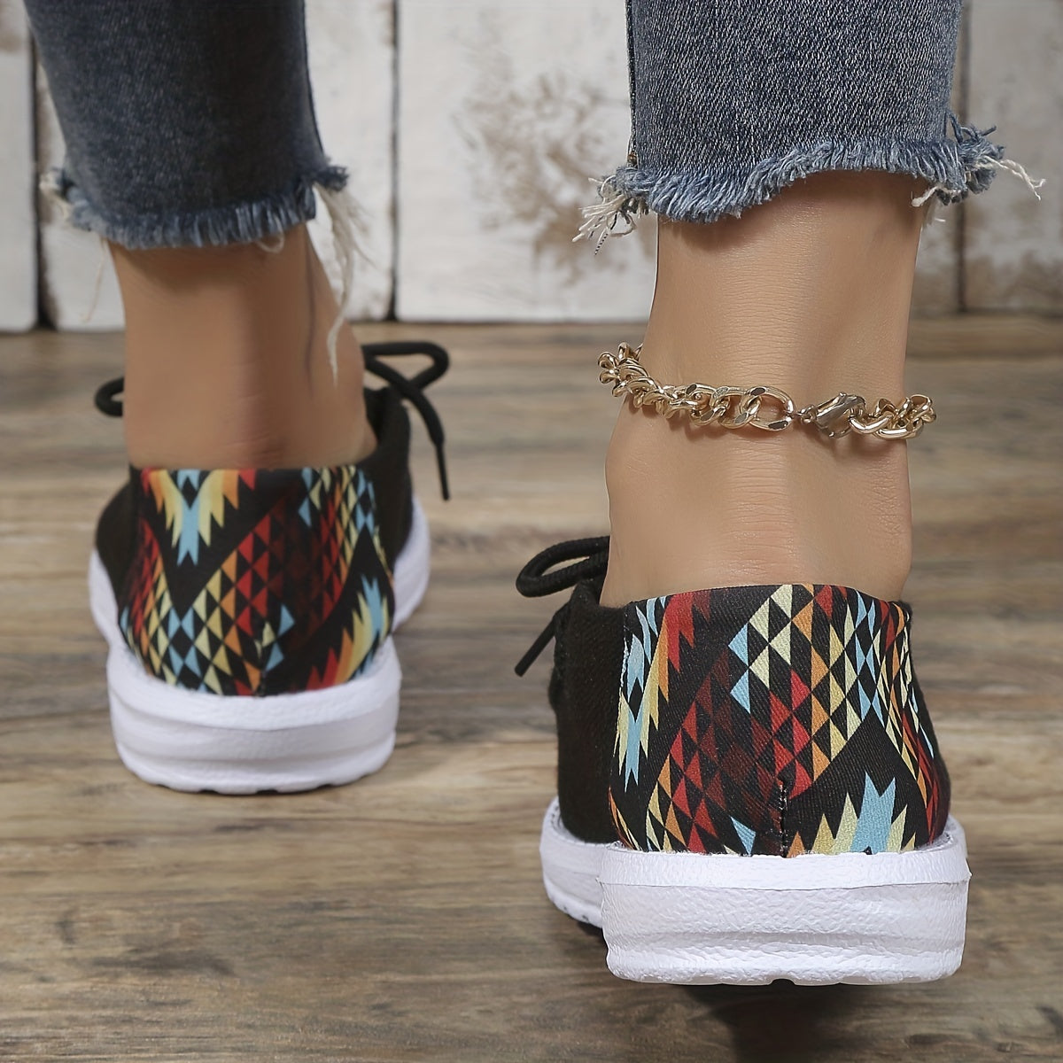 Women's Geometric Printed Flat Loafers Lace Up Round Toe Walking Sneakers