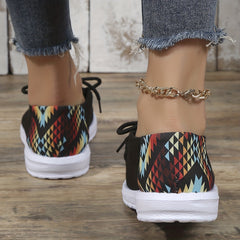 Women's Geometric Printed Flat Loafers Lace Up Round Toe Walking Sneakers