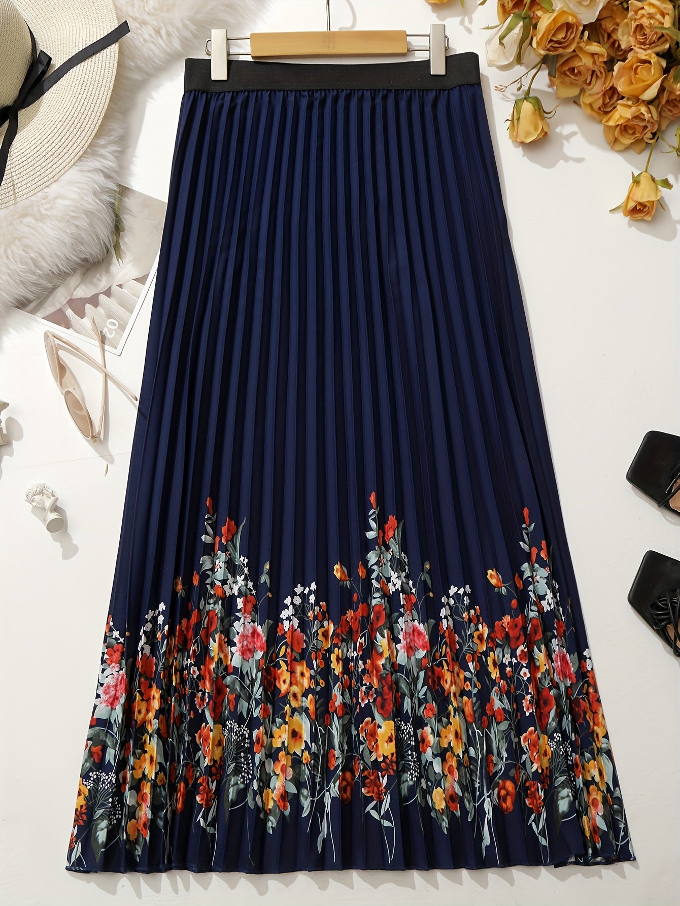 Women's Plus Floral Print Pleated Skirt