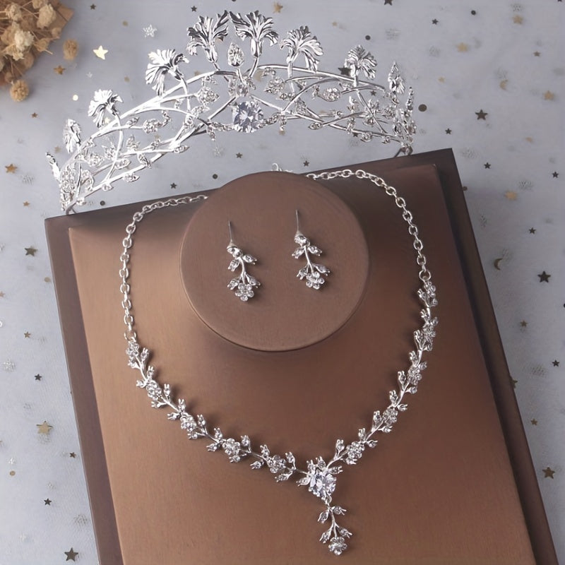 Silvery Leaf Shape Headband Necklace Earrings Set Head Jewelry