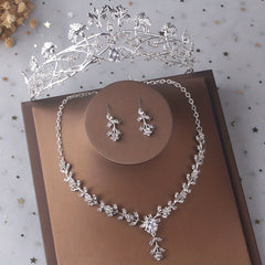 Silvery Leaf Shape Headband Necklace Earrings Set Head Jewelry