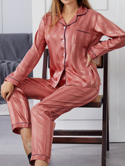 Striped Satin Pajama Set Long Sleeve Buttons Top & Elastic Waistband Pants
