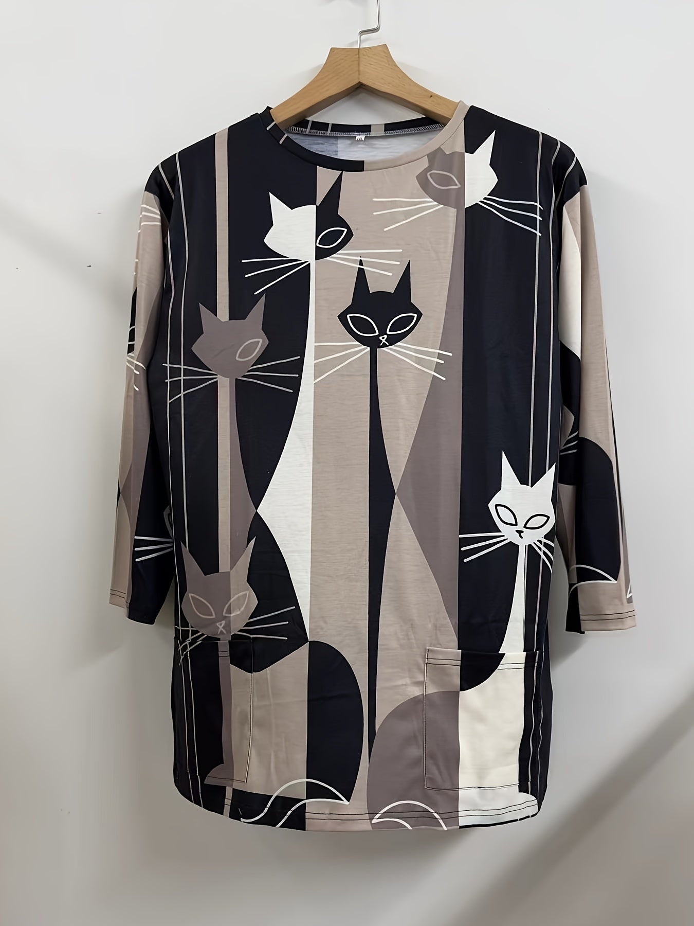 Colorblock Cat Print Long Sleeve Round Neck Dress Plus Size