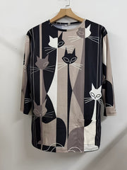 Colorblock Cat Print Long Sleeve Round Neck Dress Plus Size
