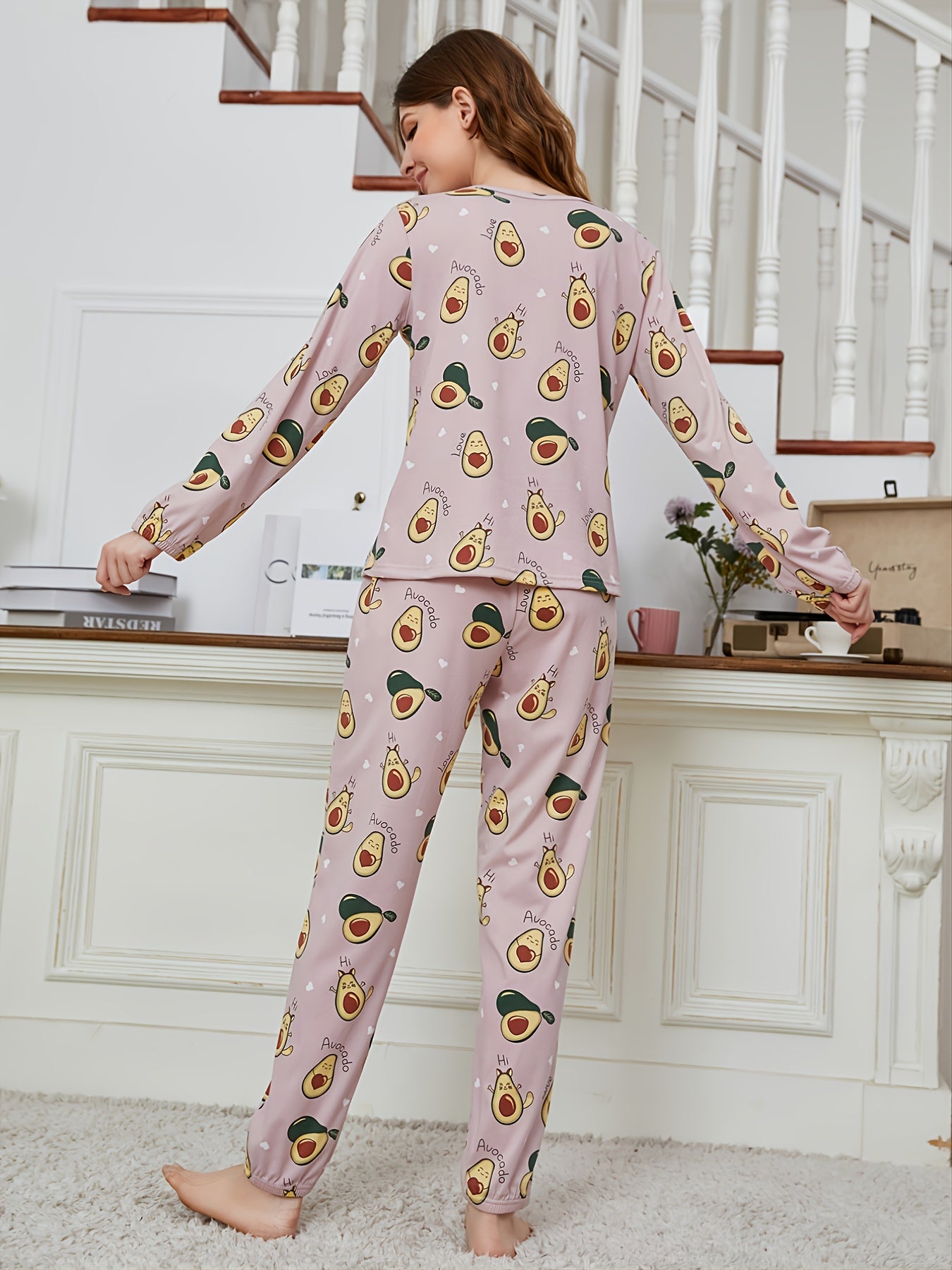 Cartoon Avocado Pattern Pajama Set Long Sleeve Round Neck Tops & Pants