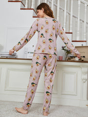 Cartoon Avocado Pattern Pajama Set Long Sleeve Round Neck Tops & Pants