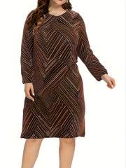 Retro Dress Women's Plus Geo Print Long Sleeve Round Neck