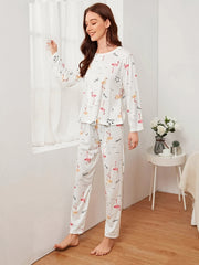 Flamingo Print Pajama Set Long Sleeve Crew Neck Top & Elastic Waistband Pants