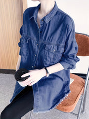 Women's Plus Casual Denim Blouse Solid Button Long Sleeve