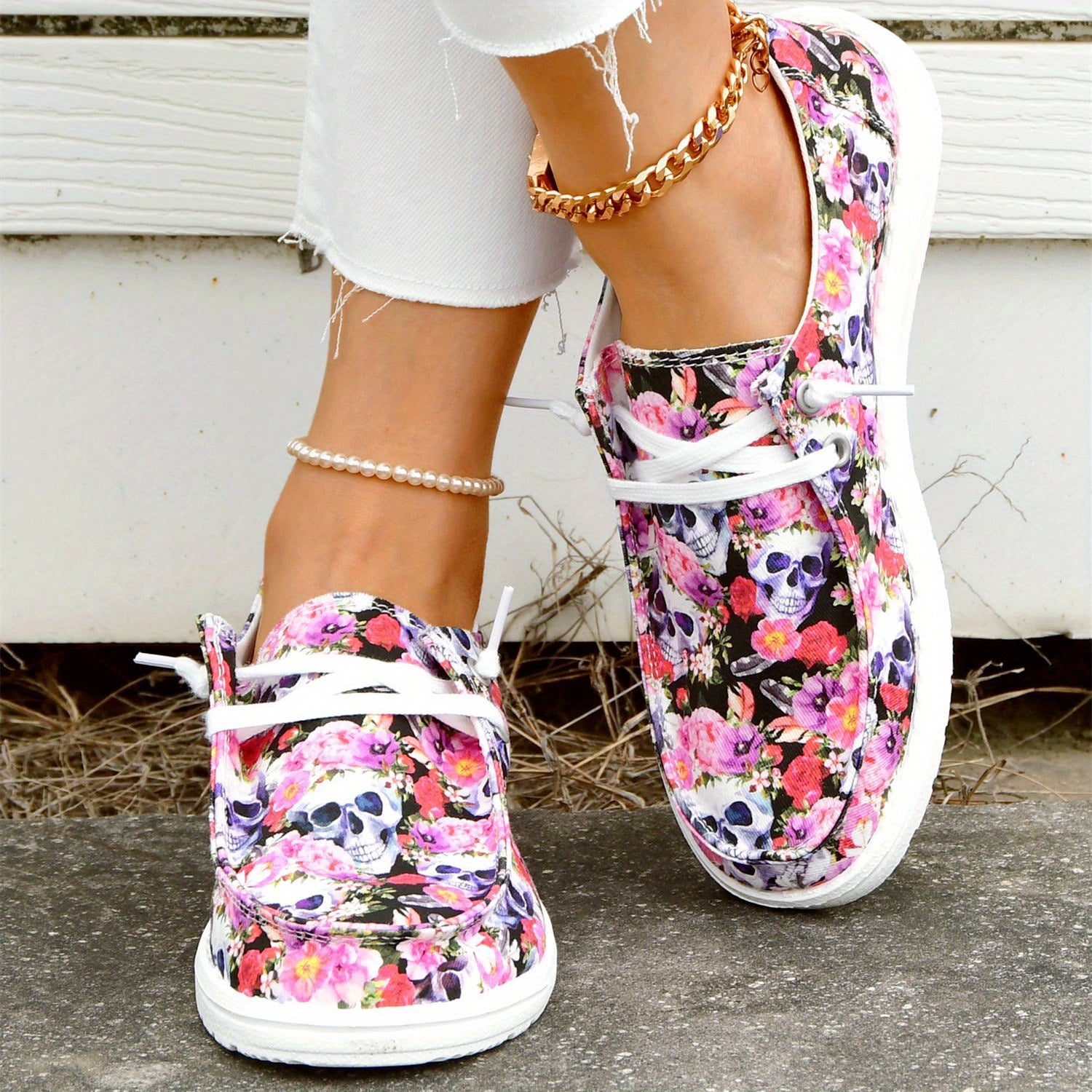 Floral & Skull Canvas Shoes Lace Up Low Top Halloween Sneakers