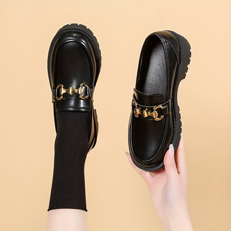 British Style Metal Decor Loafers Slip On Chunky Heel Shoes