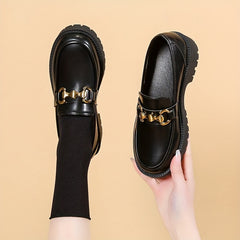 British Style Metal Decor Loafers Slip On Chunky Heel Shoes