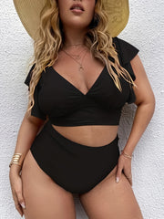 Ruffled Sleeve V Neck Tankini Set