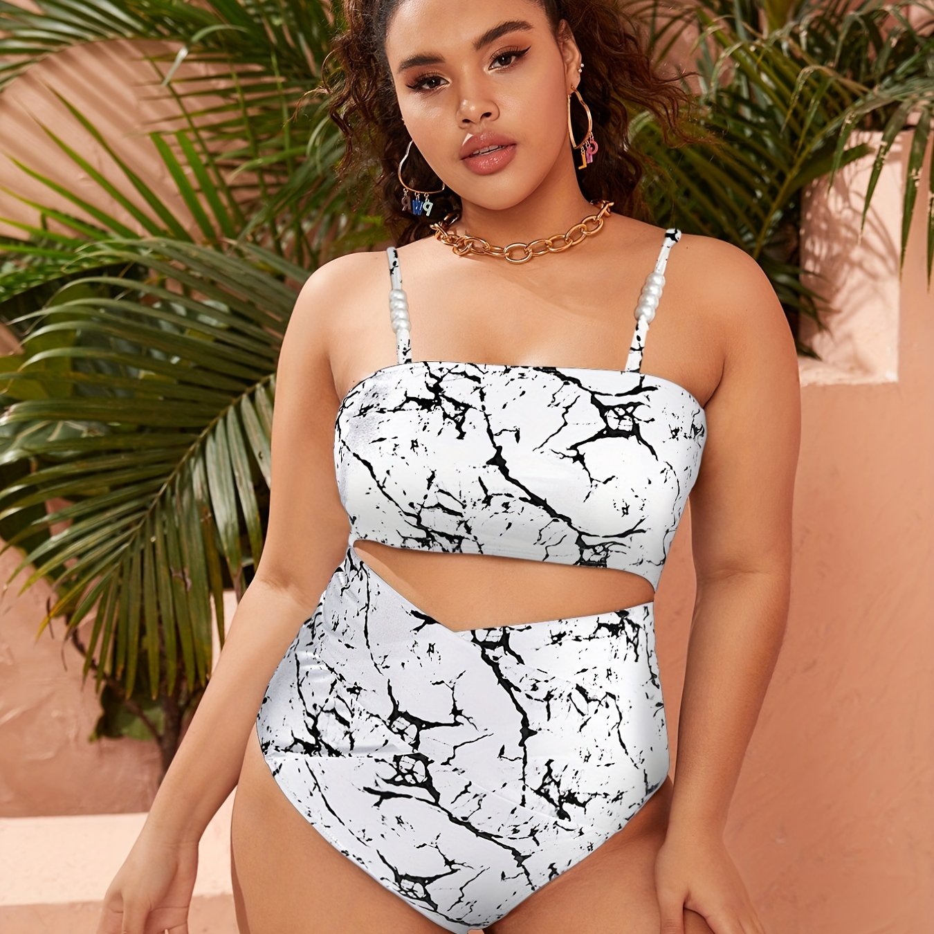 Tie Dye Pearl Strap Top & Tummy Control Swimsuit Set