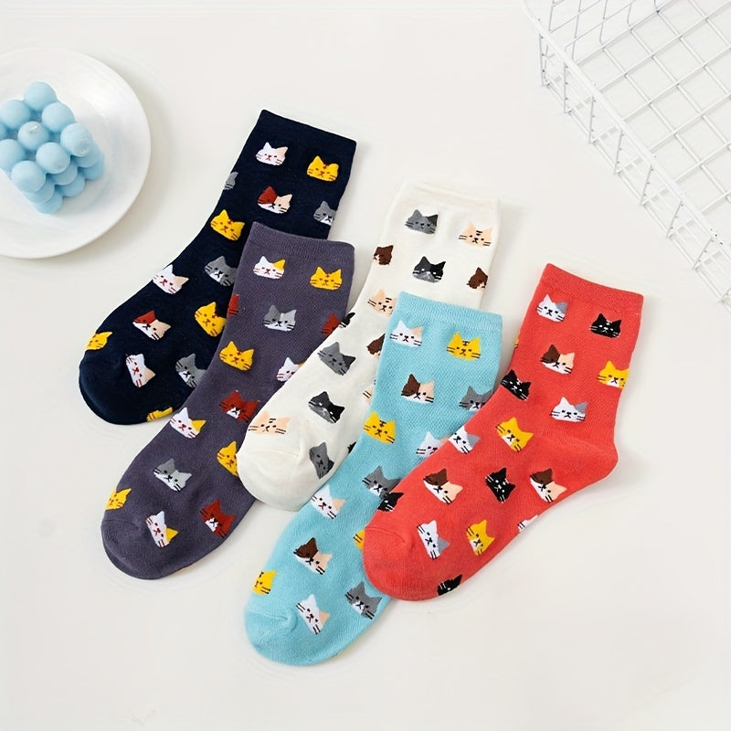 5 Pairs Cat Print Socks - Comfy & Breathable Women's Mid Tube Stockings
