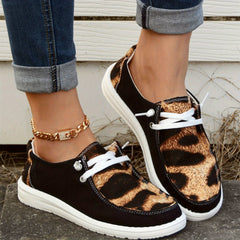 Leopard Print Boat Shoes Lace Up Low Top Casual Walking Shoes