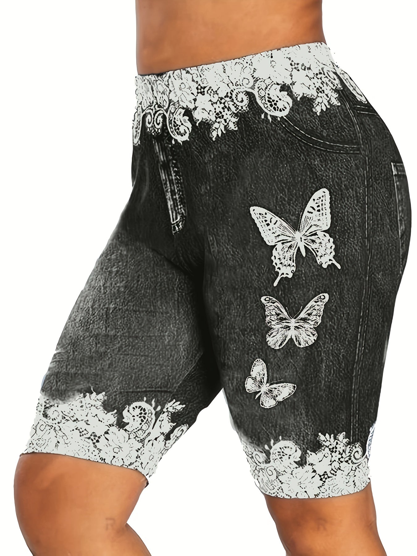 Butterfly Print Short Length Leggings High Waist Slim Summer Leggings