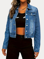 Dark Washed Crop Denim Jacket Long Sleeves