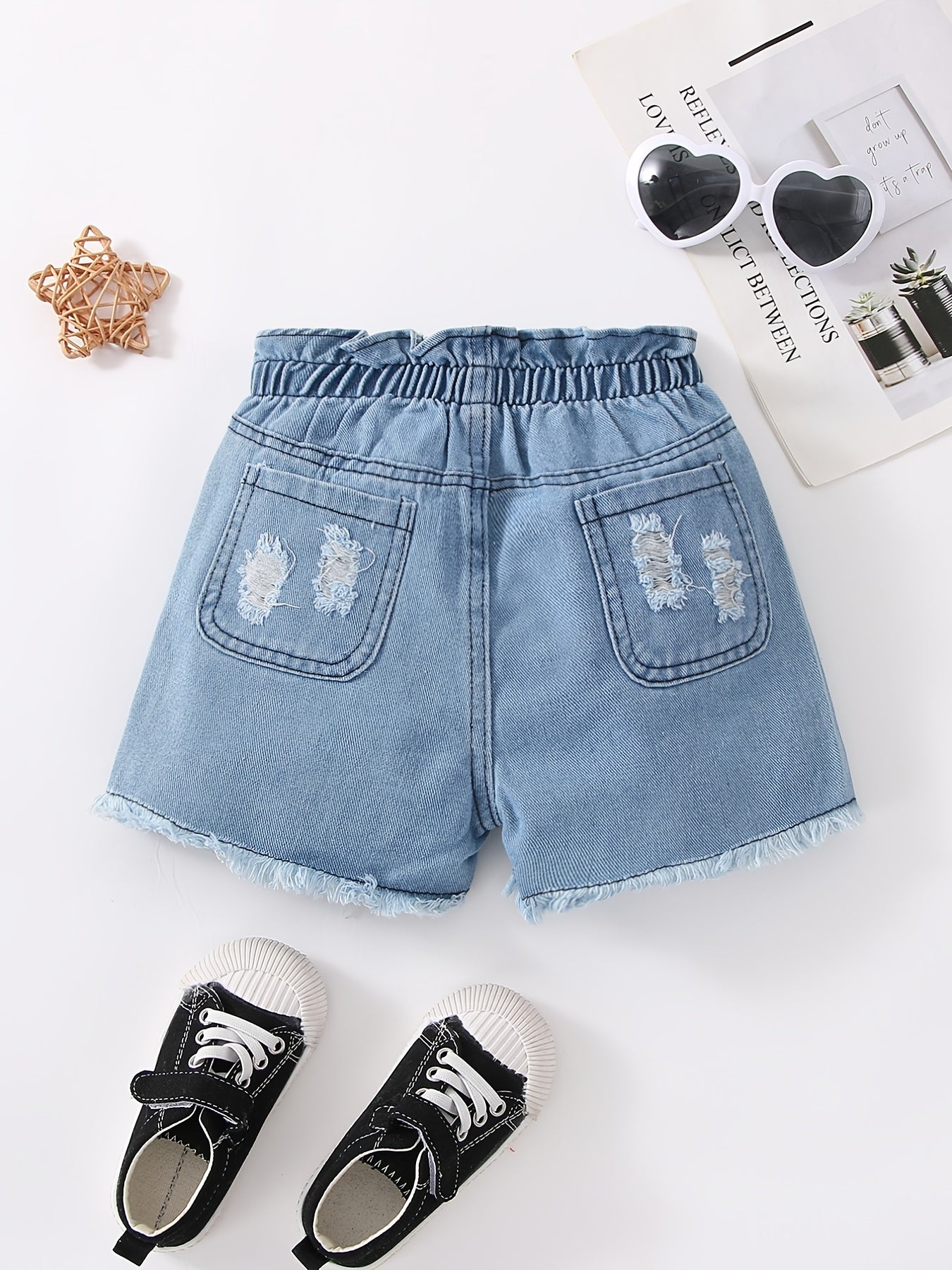 Girls Ripped Denim Shorts with Elastic Waist for Spring/Summer