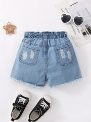 Girls Ripped Denim Shorts with Elastic Waist for Spring/Summer