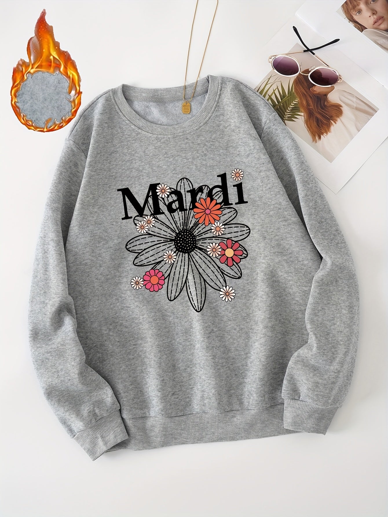 Letter Print Sweatshirt Daisy Flower Long Sleeve Crew Neck Casual Sweatshirt