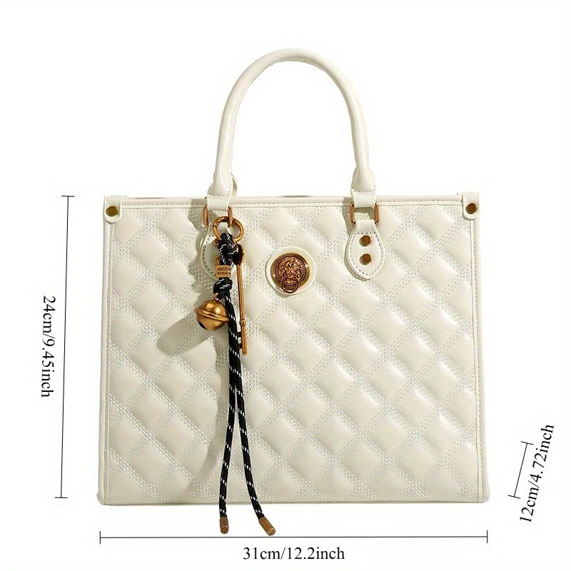 Beige Quilted Tote Bag with Zipper Closure and Shoulder Strap