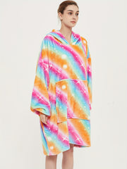 Flannel Hooded Robe Women's Rainbow Striped Warm Nightgown
