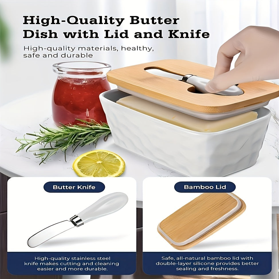 Ceramic Butter Dish with Stainless Steel Saucer and Wooden Lid