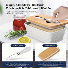Ceramic Butter Dish with Stainless Steel Saucer and Wooden Lid