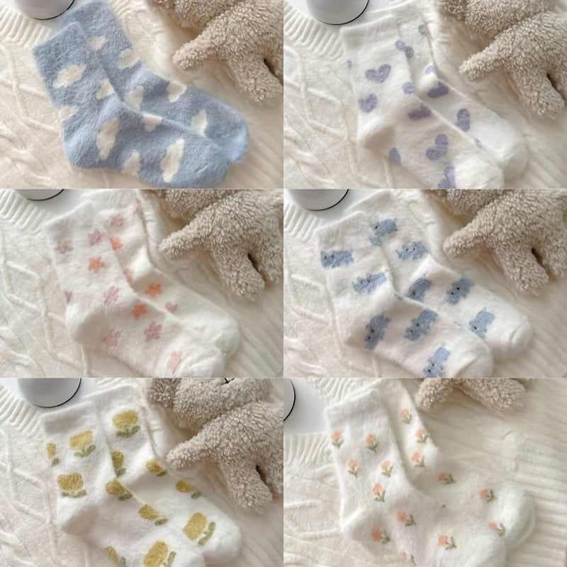 6-Pair Floral Print Fuzzy Warm Socks Women's Stockings & Hosiery