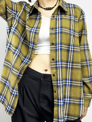 Plaid Print Side Split Long Sleeve Button Up Tunic Shirt Top