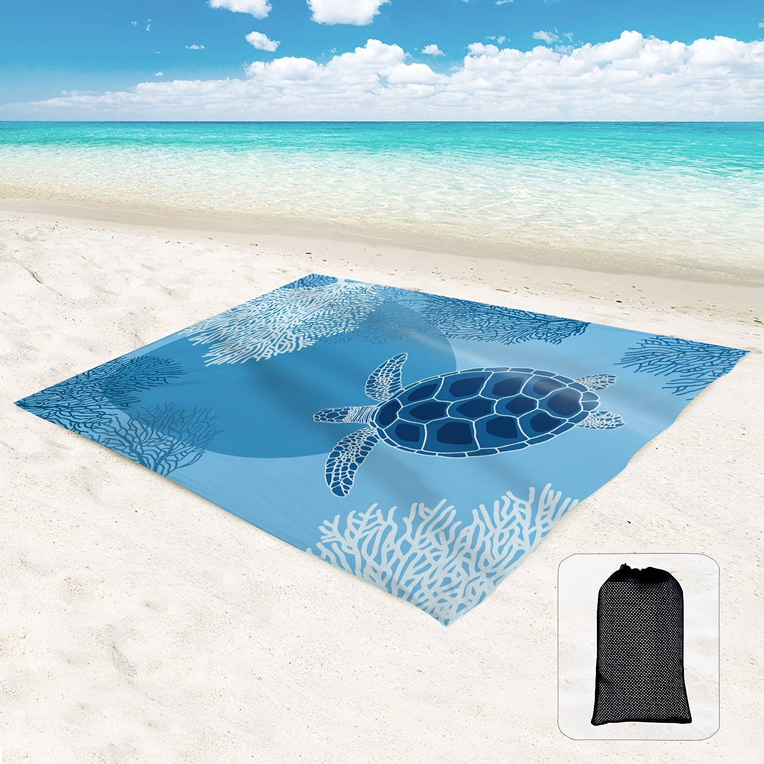 Sandproof Portable Beach Mat with Corner Pockets & Mesh Bags