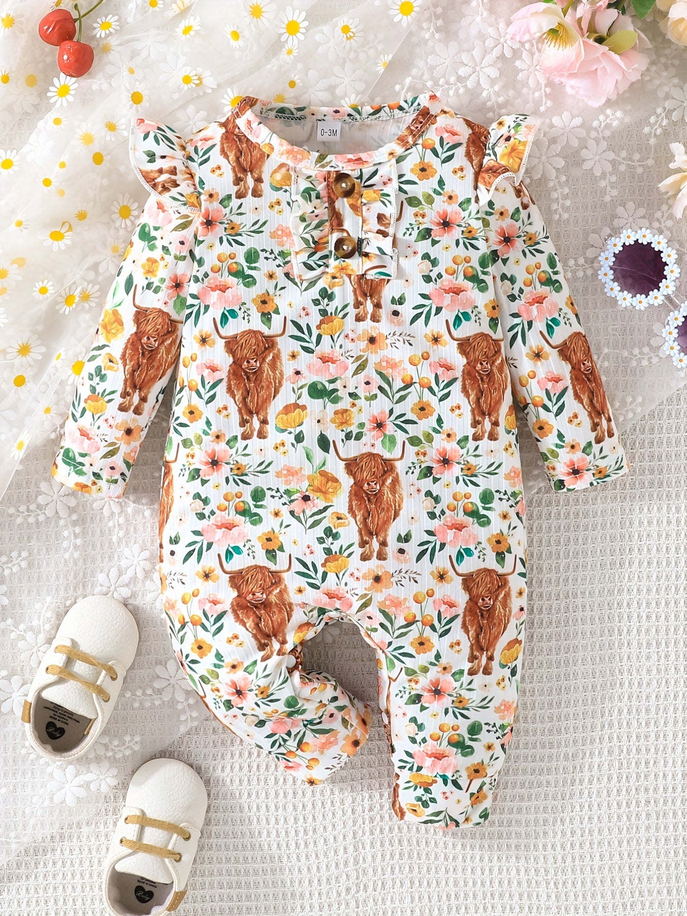 Baby Girls Floral Fruit Heart Print Ruffle Trim Romper Jumpsuit