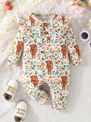 Baby Girls Floral Fruit Heart Print Ruffle Trim Romper Jumpsuit