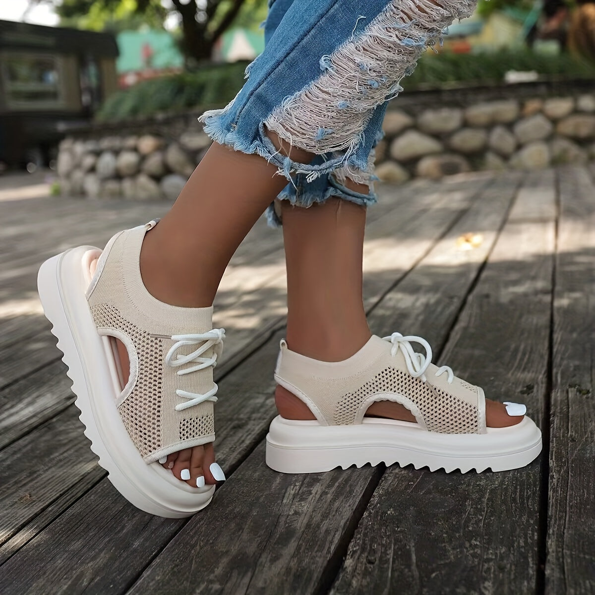 Women's Platform Sports Sandals Lace Up Slip On Shoes