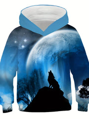 Boy's Wolf & Moon Graphic Hoodie Casual Outdoor 3D Print Sweatshirt