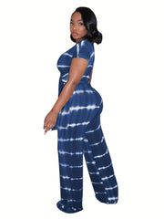 Tie Dye Casual Set Short Sleeve Lace Up T shirt & Pants Outfits