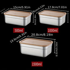 Square Lunch Box Bamboo Lid Bento Stainless Steel Crisper Travel Food Containers