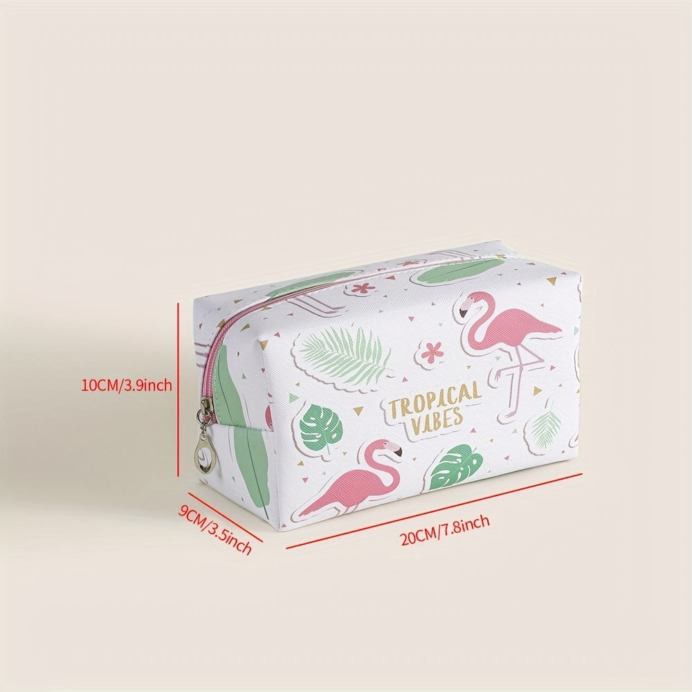 Flamingo Pattern Makeup Bag Roomy Square PU Makeup Pouch Zipper Travel Organizer