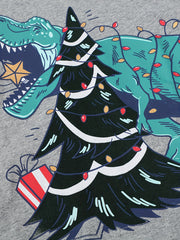 Dinosaur & Christmas Tree Print Kid's Pullover Long Sleeve Top